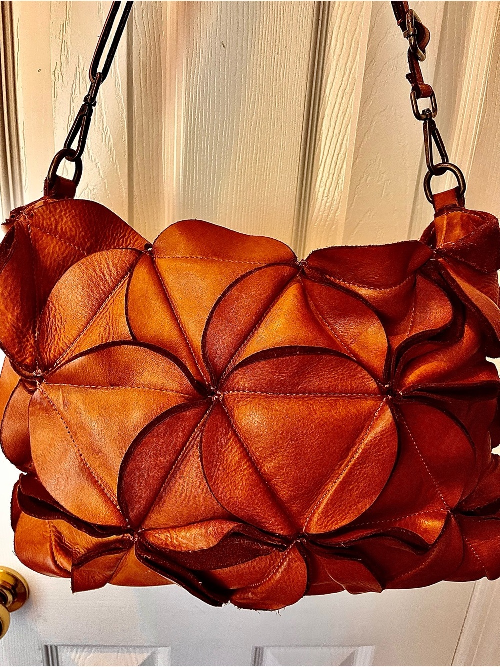 NWOT-ISADORA Large Italian, Genuine Leather Ruffle Shoulder Bag in Cognac Brown